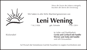 Traueranzeige von Leni Wening von Pegnitz-Zeitung